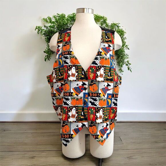 Basic Editions Plus 90s Halloween Cat Pumpkin Novelty Vest Holiday 1X - Picture 1 of 5